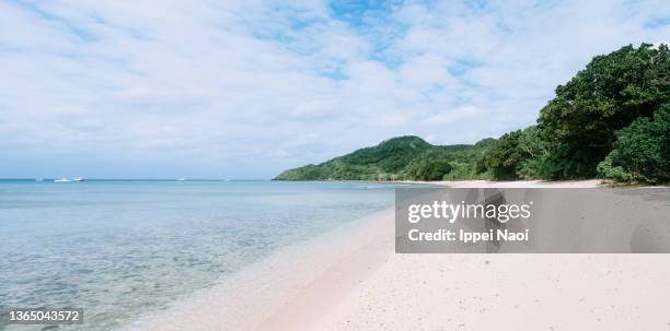idyllic white sand tropical beach, yaeyama islands - okinawa blue sky beach landscape stock-fotos und bilder