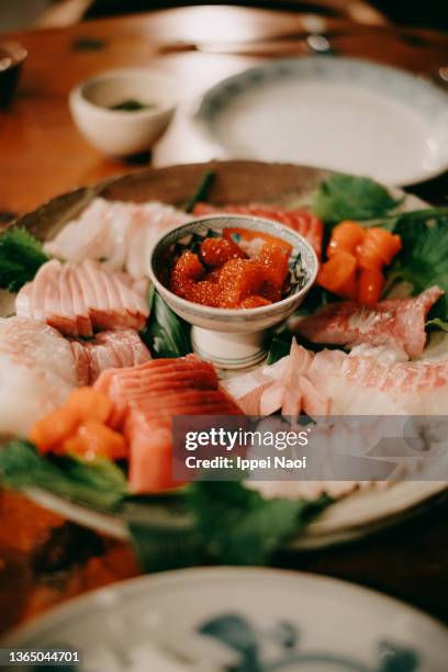 sashimi plate at home, tokyo, japan - 皿　和 ストックフォトと画像