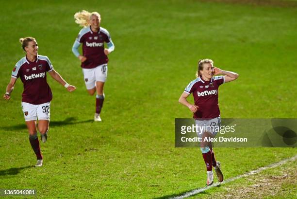 Kate Longhurst of West Ham United celebrates after scoring their team's first goal during the Barclays FA Women's Super League match between...