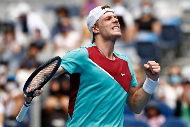 Denis Shapovalov of Canada celebrates after winning a point in his first round singles match against Laslo Djere of Serbia during day one of the 2022...