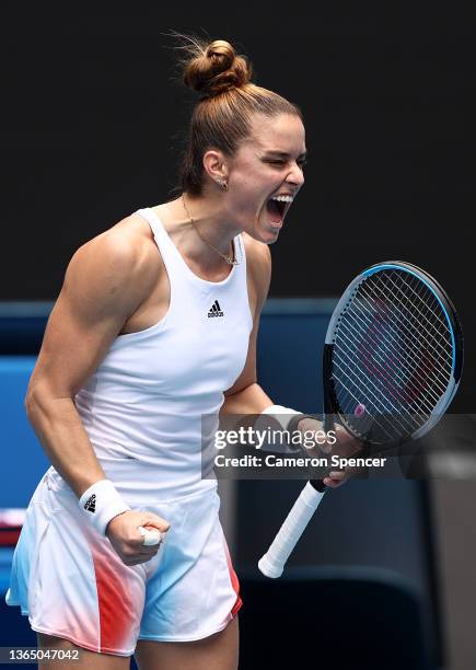 Maria Sakkari of Greece reacts in her first round singles match against Tatjana Maria of Germany during day one of the 2022 Australian Open at...