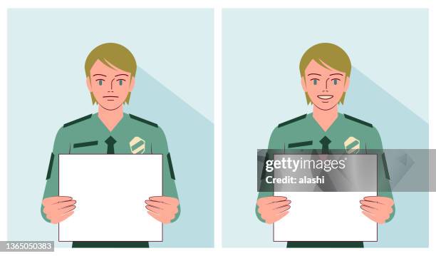 eine junge polizistin hält ein leeres schild mit zwei verschiedenen emotionen in der hand - caucasian appearance stock-grafiken, -clipart, -cartoons und -symbole