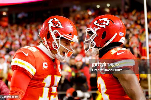 Byron Pringle of the Kansas City Chiefs celebrates scoring a touchdown with teammate Patrick Mahomes in the second quarter of the game against the...