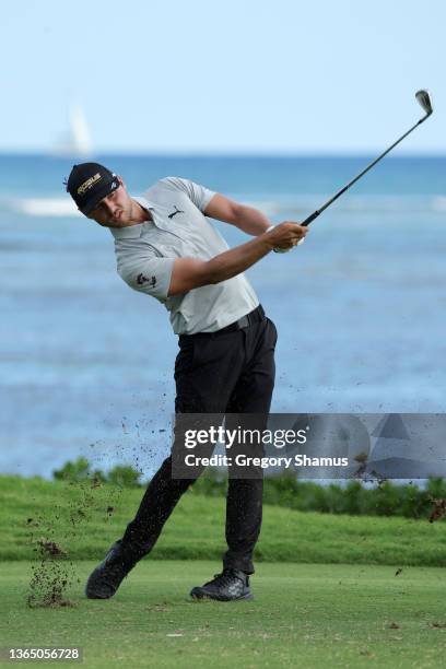 Hideki Matsuyama of Japan reacts on the 15th green during the final round of the Sony Open in Hawaii at Waialae Country Club on January 16, 2022 in...