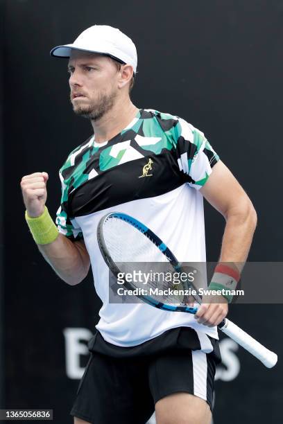 James Duckworth of Australia reacts in his first round singles match against Adrian Mannarino of France during day one of the 2022 Australian Open at...