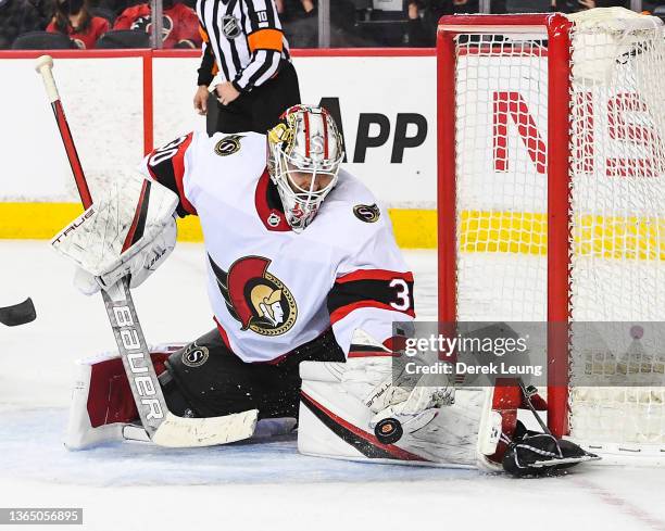 Matt Murray of the Ottawa Senators in action against the Calgary Flames during an NHL game at Scotiabank Saddledome on January 13, 2022 in Calgary,...