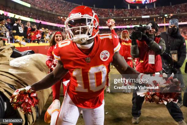 Tyreek Hill of the Kansas City Chiefs celebrates after scoring a touchdown against the Pittsburgh Steelers in the third quarter of the game in the...