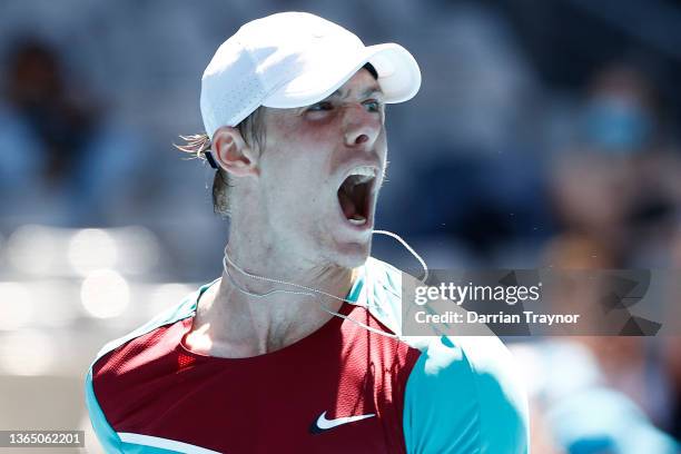 Denis Shapovalov of Canada celebrates match point in his first round singles match against Laslo Djere of Serbia during day one of the 2022...
