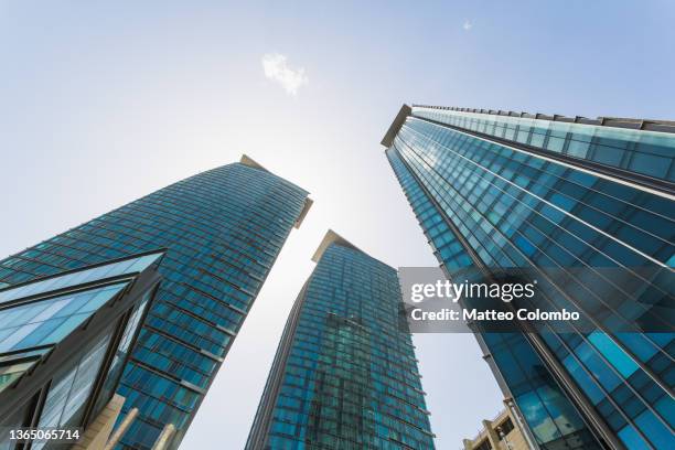 skyscrapers from low angle, doha, qatar - qatar stock pictures, royalty-free photos & images