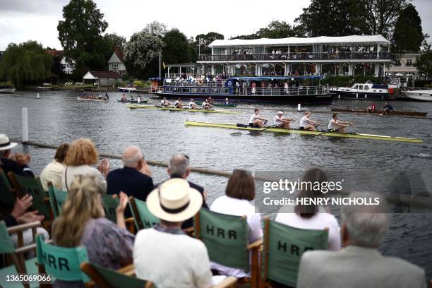 Spectators watch a race on the River Thames at the Henley Royal Regatta in Henley-on-Thames, west of London, on June 30, 2023.
