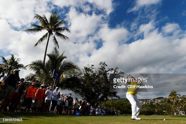 Hideki Matsuyama of Japan plays his shot from the 14th tee during the final round of the Sony Open in Hawaii at Waialae Country Club on January 16,...