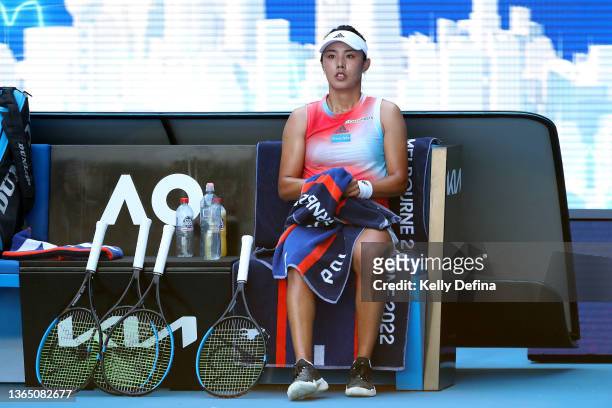 Qiang Wang of China looks in her first round singles match against Coco Gauff of United States during day one of the 2022 Australian Open at...