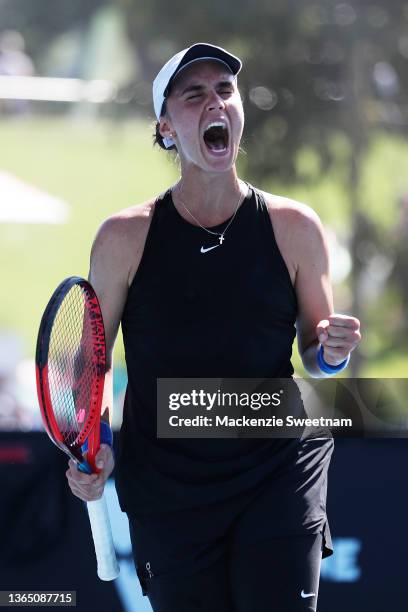 Anhelina Kalinina of the Ukraine celebrates after winning a point in her first round singles match against Jessica Pegula of the United States during...