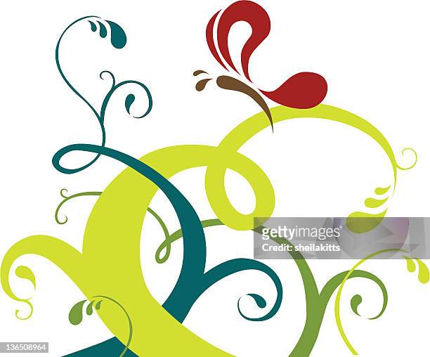 butterfly and vines - tendril stock illustrations