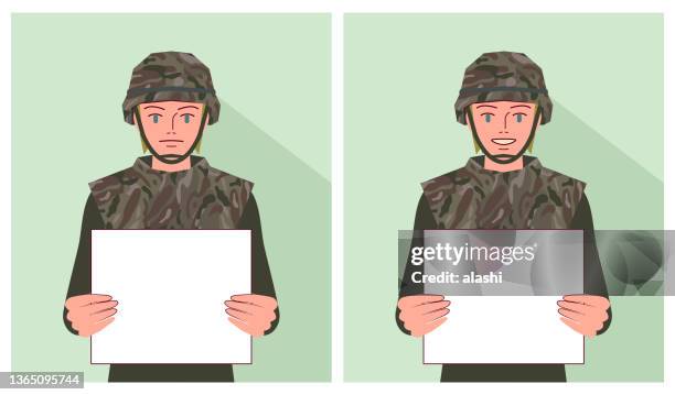 eine soldatin hält ein leeres schild mit zwei verschiedenen emotionen - caucasian appearance stock-grafiken, -clipart, -cartoons und -symbole