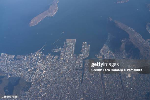 takamatsu city in kagawa of japan aerial view from airplane - takamatsu bildbanksfoton och bilder
