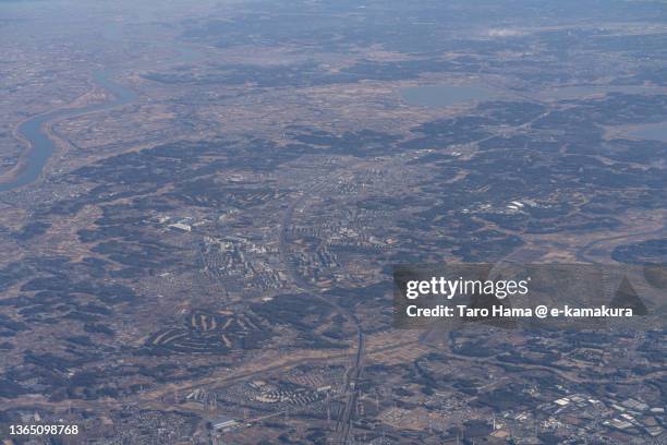 inzai city in chiba of japan aerial view from airplane - chiba city stock-fotos und bilder