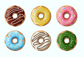 realistic vector collection of colorful doughnuts, glazed in chocolate.