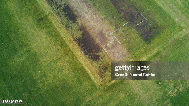 old cricket pitch, green sports field aerial view - cricket platz von melbourne stock-fotos und bilder