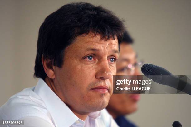 Head coach Adilson Batista of Jubilo Iwata attends a press conference after the J.League J1 match between Yokohama FC and Jubilo Iwata at Nissan...