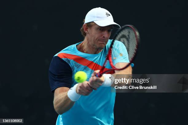 Kevin Anderson of South Africa plays a backhand in his first round singles match against Reilly Opelka of United States during day one of the 2022...