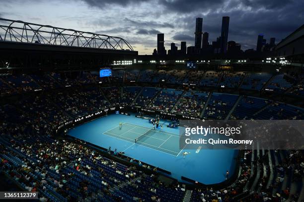 Alexander Zverev of Germany plays a backhand in his first round singles match against Daniel Altmaier of Germany on Rod Laver Arena during day one of...