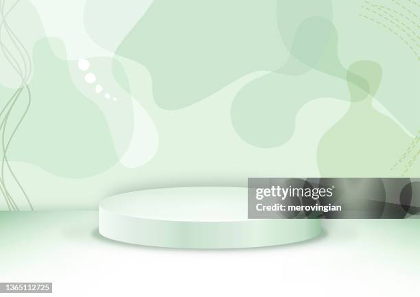 abstract scene background. cylinder podium on green background. product presentation, mock up. podium, stage pedestal or platform. - merchandise template stock illustrations