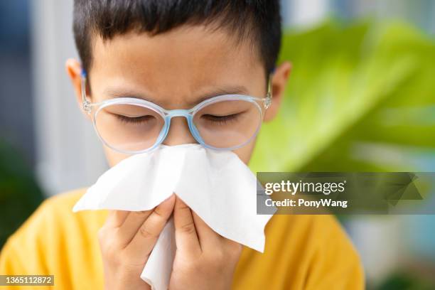 asian boy is sneezing - spring allergies stock pictures, royalty-free photos & images