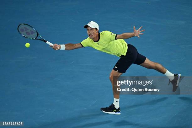 Daniel Altmaier of Germany plays a forehand in his first round singles match against Alexander Zverev of Germany during day one of the 2022...