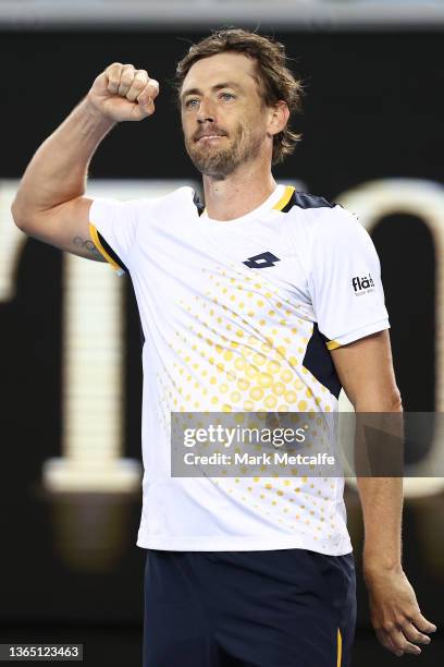 John Millman of Australia celebrates after winning his first round singles match against Feliciano Lopez of Spain during day one of the 2022...