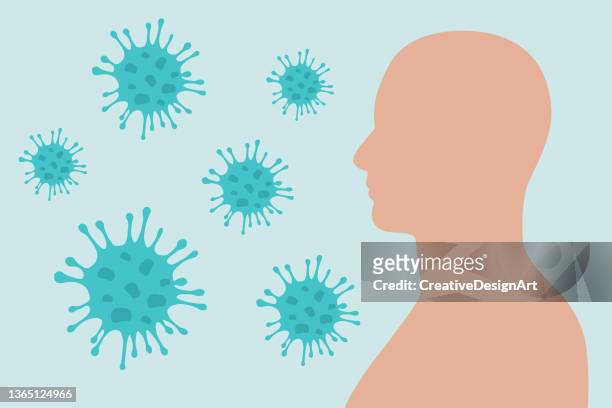 stockillustraties, clipart, cartoons en iconen met side view of human with virus cells - sneezing