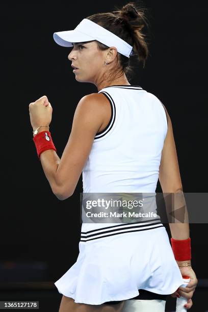 Ajla Tomljanovic of Australia celebrates after winning a point in her first round singles match against Paula Badosa of Spain during day one of the...