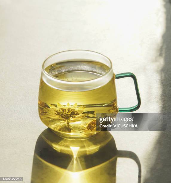 herbal tea in glass tea cup on kitchen table with natural light - kräutertee stock-fotos und bilder