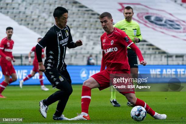 Bjorn Engels of Royal Antwerp FC, Ryota Morioka of RC Sporting Charleroi during the Jupiler Pro League match between Royal Antwerp FC and RC Sporting...