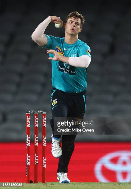 Mitch Swepson of the Heat bowls during the Men's Big Bash League match between the Brisbane Heat and the Perth Scorchers at Marvel Stadium, on...