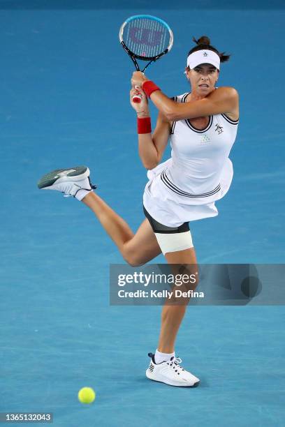 Ajla Tomljanovic of Australia plays a backhand in her first round singles match against Paula Badosa of Spain during day one of the 2022 Australian...