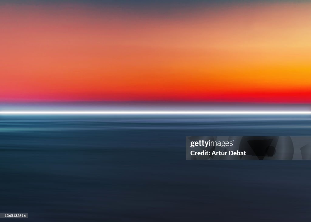 Abstract picture of straight light trail flowing above the seascape at dusk.