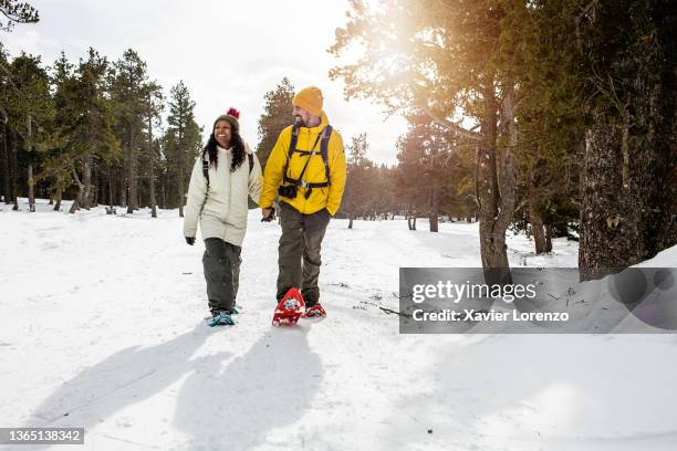 biracial young couple holding hands while enjoying a snowshoe walk on a snowy mountain - schneeschuh stock-fotos und bilder