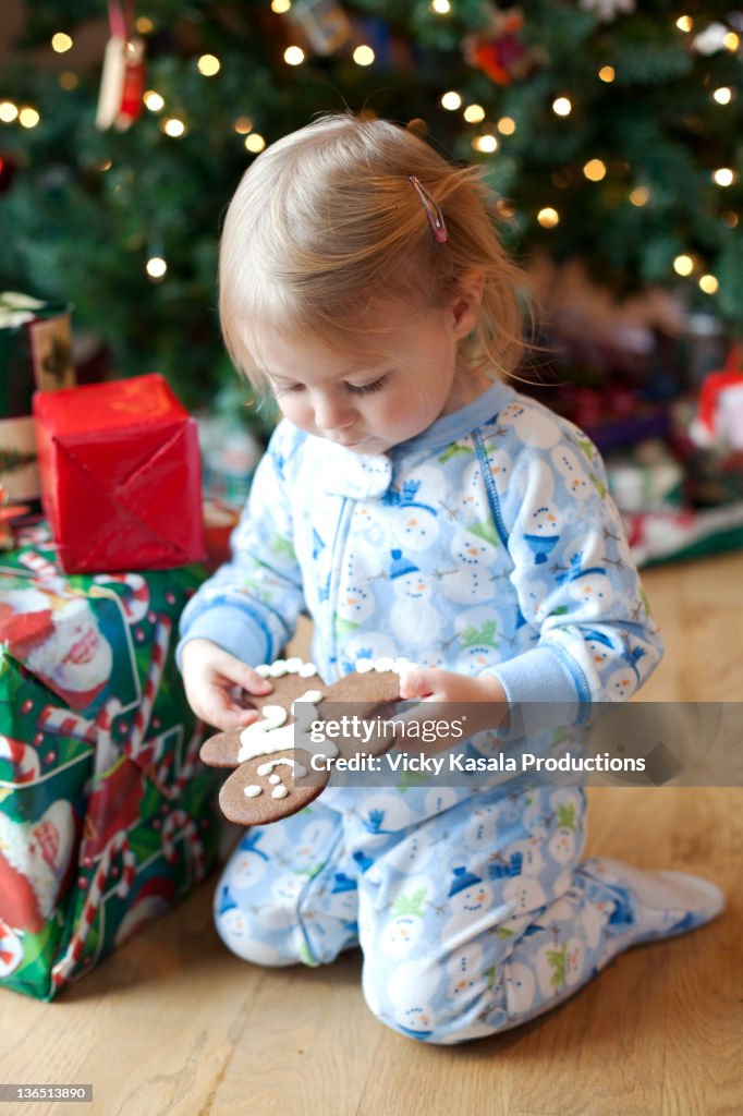 Toddler girl ready to eat gingerbread man cookie.