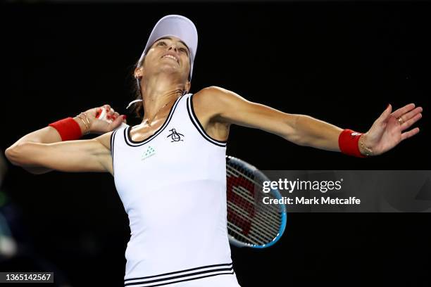 Ajla Tomljanovic of Australia serves in her first round singles match against Paula Badosa of Spain during day one of the 2022 Australian Open at...