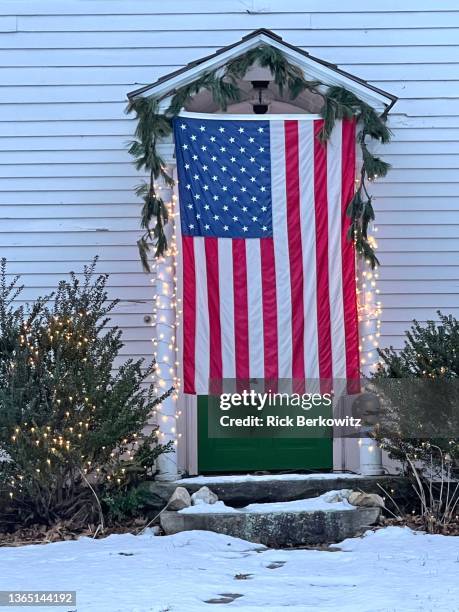 christmas doorway with patriotic touch - patriotic christmas stock pictures, royalty-free photos & images