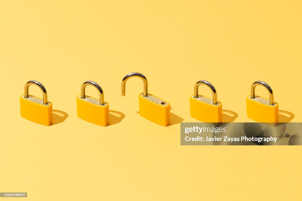 Five Yellow Padlocks On Yellow Background