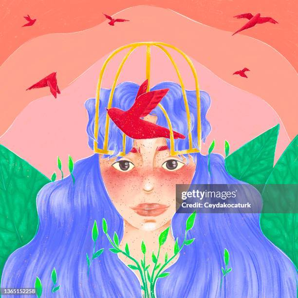 stockillustraties, clipart, cartoons en iconen met thoughts in woman's mind fly like a bird and stay free illustration - tarot cards