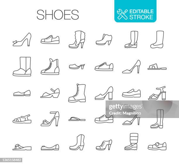 ilustraciones, imágenes clip art, dibujos animados e iconos de stock de iconos de zapatos establecer trazo editable - calzado