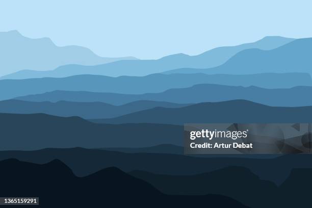 illustration of surreal mountain landscape with blue layers. - large hill stock pictures, royalty-free photos & images