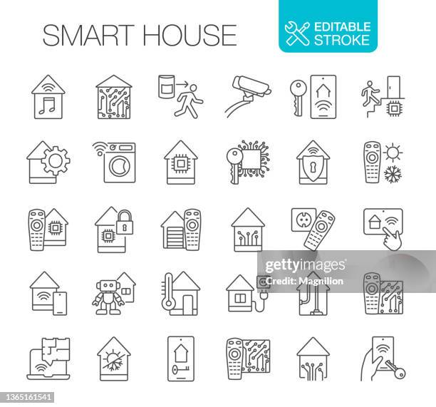 smart house, smart home icons set bearbeitbarer strich - buzzer stock-grafiken, -clipart, -cartoons und -symbole