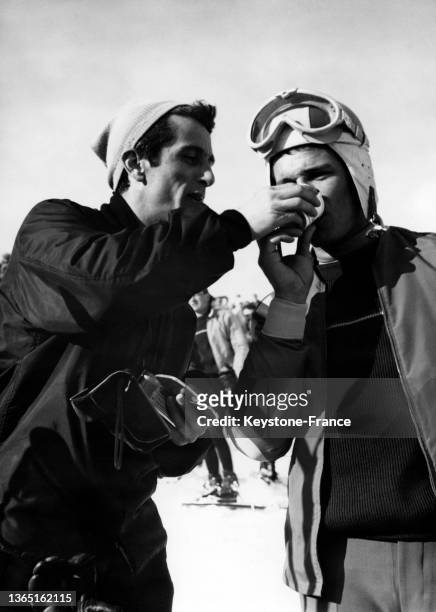 Marcel Amont et Guy Périllat à Megève, le 28 janvier 1961.