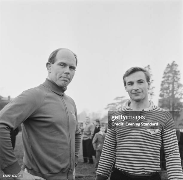 English rugby players Bob Rowell of Leicester and John Willcox of the Harlequins during an England rugby union team training session, UK, January...