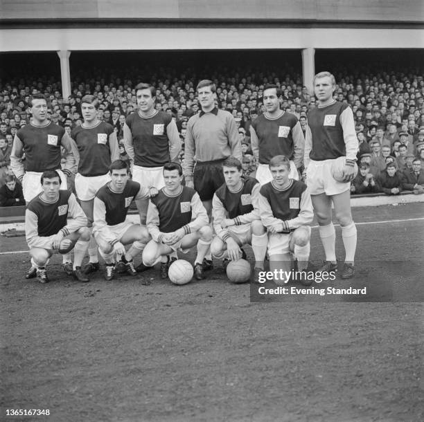 The West Ham United team during a League Division One match against Sheffield Wednesday at Upton Park in London, UK, 22nd February 1964. The score...