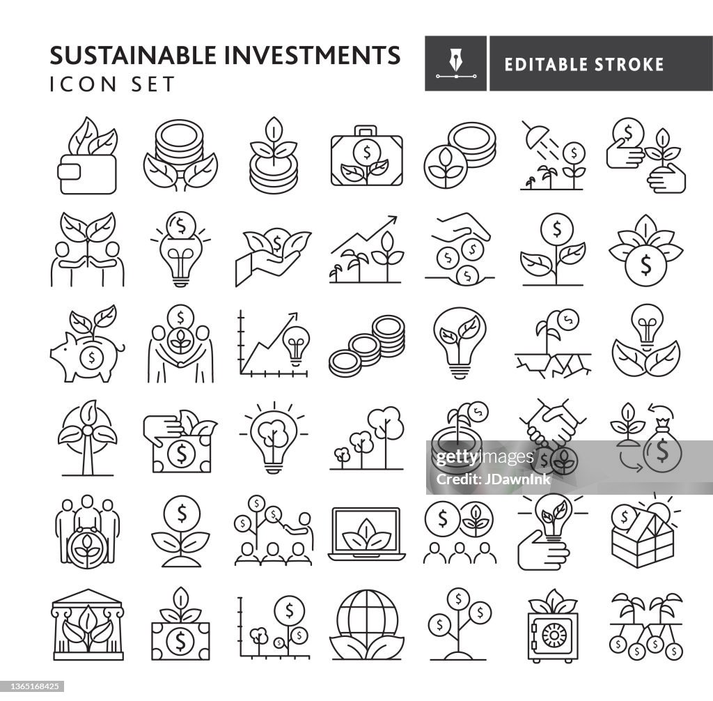 Grünes nachhaltiges Investieren Wachstum ethisches Investieren, sozial verantwortliches Investieren, Impact Investing dünne Linie Icon-Set - editierbarer Strich